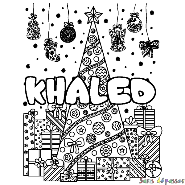 Coloriage pr&eacute;nom KHALED - d&eacute;cor Sapin et Cadeaux