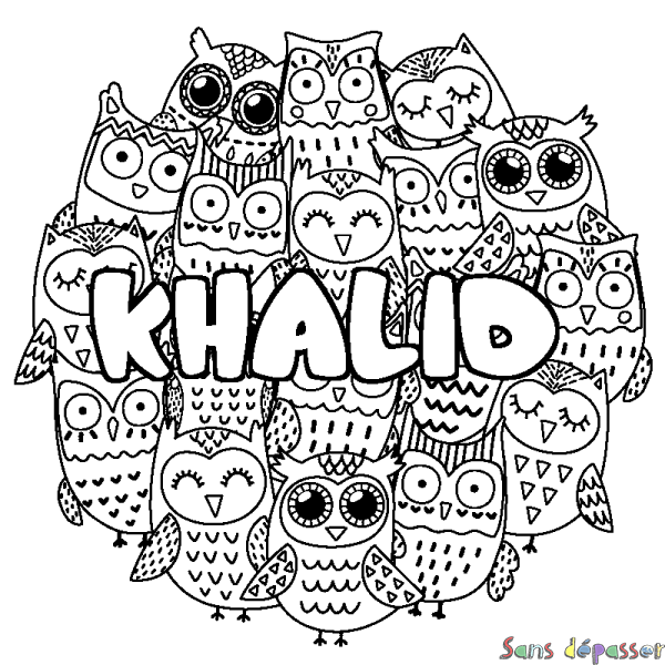 Coloriage pr&eacute;nom KHALID - d&eacute;cor Chouettes