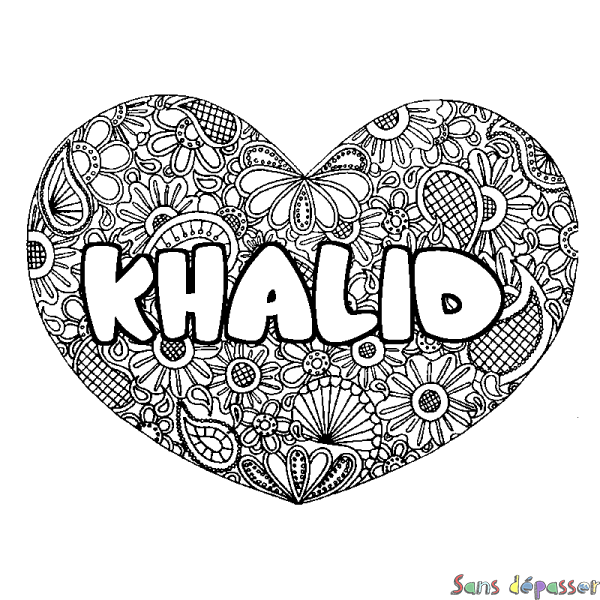 Coloriage prénom KHALID - d&eacute;cor Mandala coeur