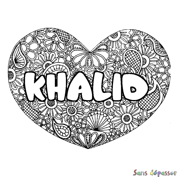 Coloriage pr&eacute;nom KHALID - d&eacute;cor Mandala coeur