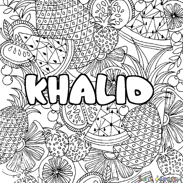Coloriage prénom KHALID - d&eacute;cor Mandala fruits