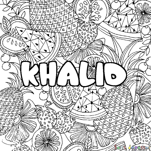 Coloriage pr&eacute;nom KHALID - d&eacute;cor Mandala fruits