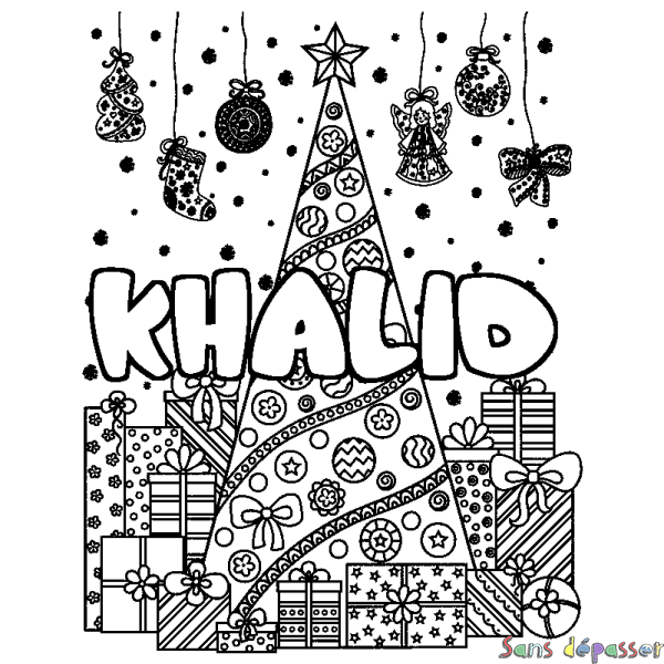 Coloriage pr&eacute;nom KHALID - d&eacute;cor Sapin et Cadeaux