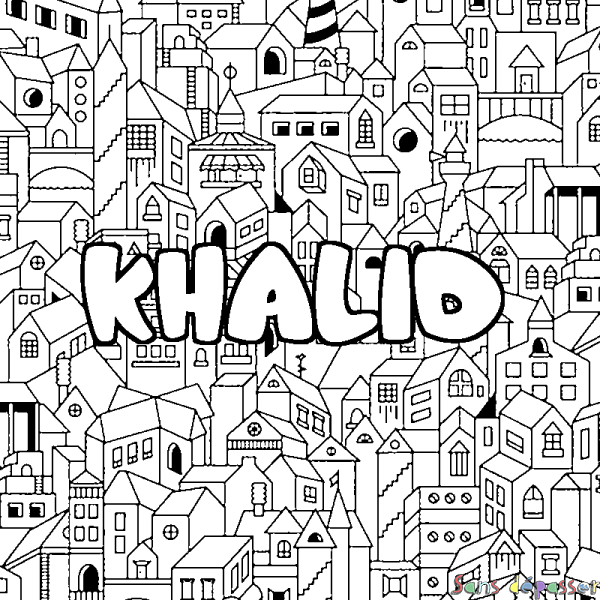 Coloriage pr&eacute;nom KHALID - d&eacute;cor Ville