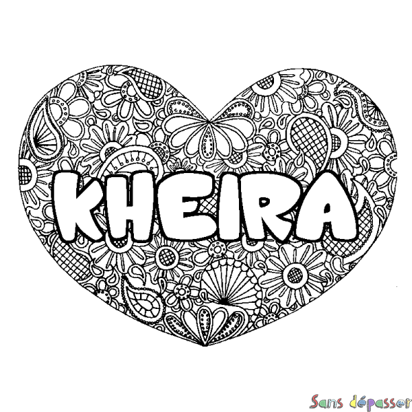 Coloriage pr&eacute;nom KHEIRA - d&eacute;cor Mandala coeur