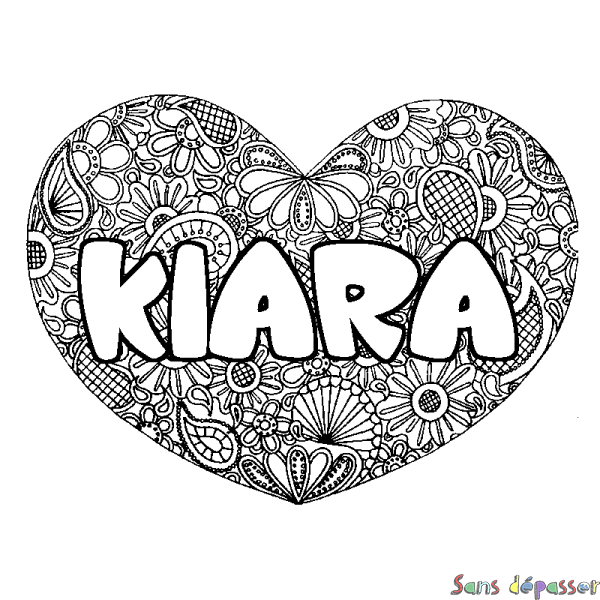 Coloriage pr&eacute;nom KIARA - d&eacute;cor Mandala coeur