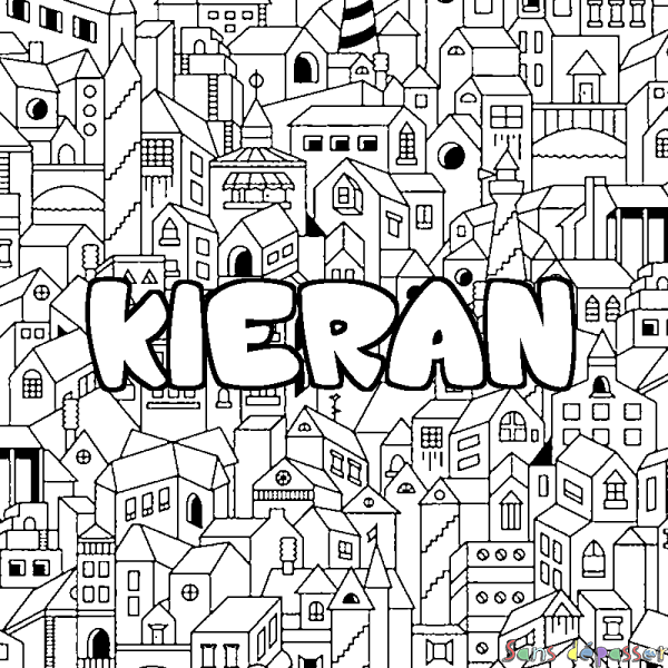 Coloriage pr&eacute;nom KIERAN - d&eacute;cor Ville