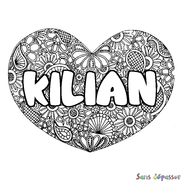Coloriage pr&eacute;nom KILIAN - d&eacute;cor Mandala coeur