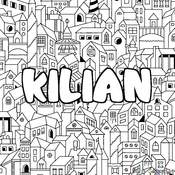 Coloriage pr&eacute;nom KILIAN - d&eacute;cor Ville
