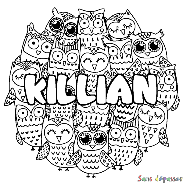 Coloriage pr&eacute;nom KILLIAN - d&eacute;cor Chouettes