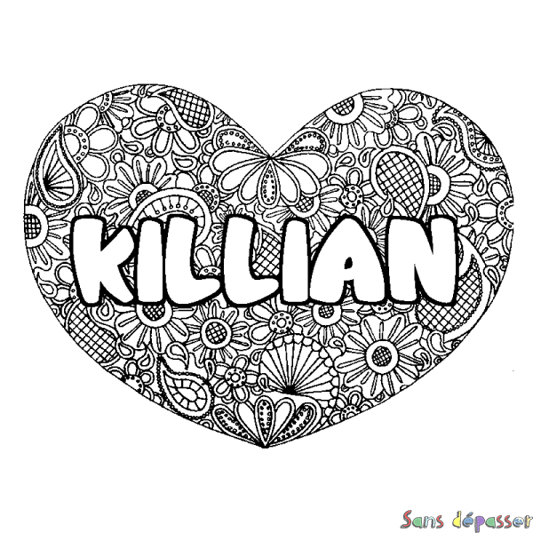 Coloriage pr&eacute;nom KILLIAN - d&eacute;cor Mandala coeur