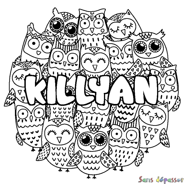 Coloriage pr&eacute;nom KILLYAN - d&eacute;cor Chouettes
