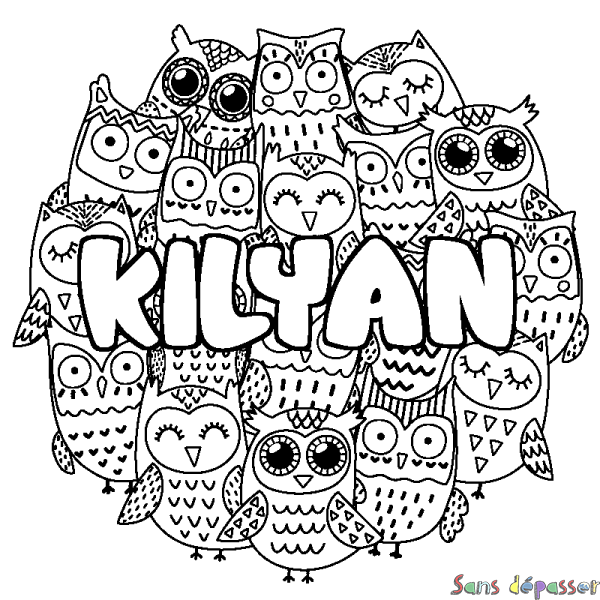 Coloriage pr&eacute;nom KILYAN - d&eacute;cor Chouettes