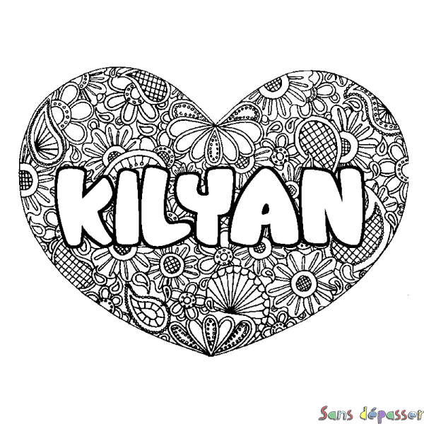 Coloriage pr&eacute;nom KILYAN - d&eacute;cor Mandala coeur