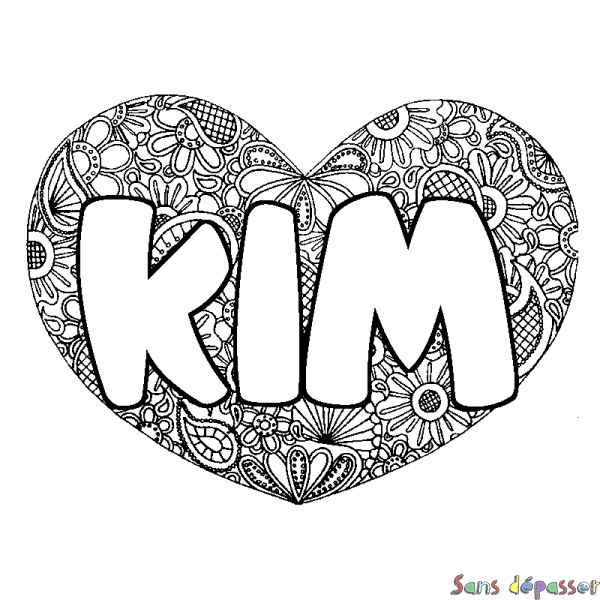 Coloriage pr&eacute;nom KIM - d&eacute;cor Mandala coeur