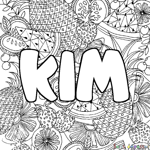 Coloriage pr&eacute;nom KIM - d&eacute;cor Mandala fruits