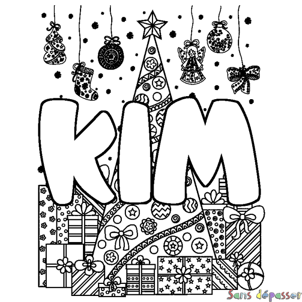 Coloriage pr&eacute;nom KIM - d&eacute;cor Sapin et Cadeaux