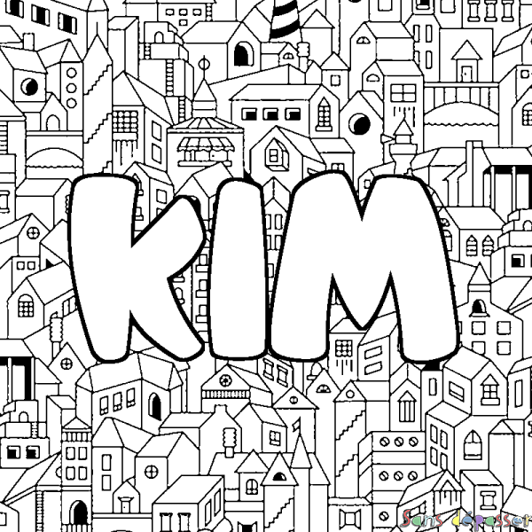 Coloriage pr&eacute;nom KIM - d&eacute;cor Ville