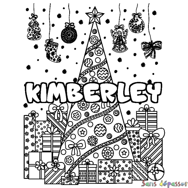Coloriage pr&eacute;nom KIMBERLEY - d&eacute;cor Sapin et Cadeaux