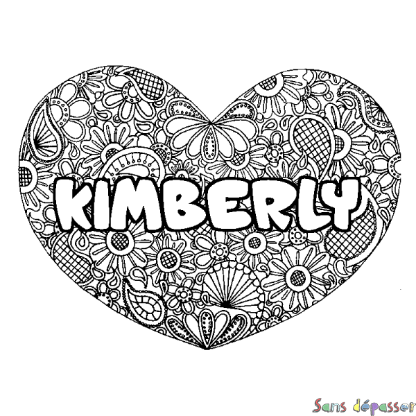 Coloriage pr&eacute;nom KIMBERLY - d&eacute;cor Mandala coeur