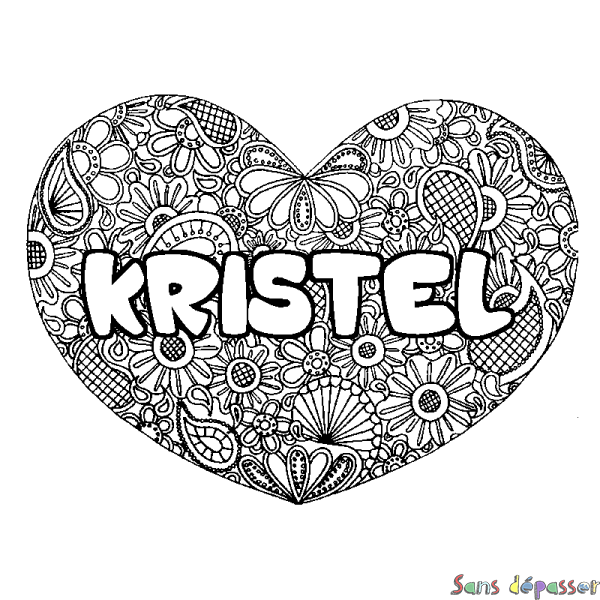 Coloriage pr&eacute;nom KRISTEL - d&eacute;cor Mandala coeur