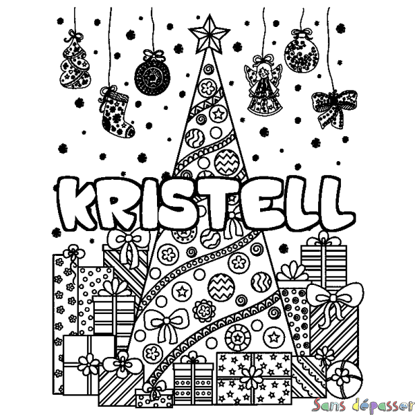 Coloriage pr&eacute;nom KRISTELL - d&eacute;cor Sapin et Cadeaux