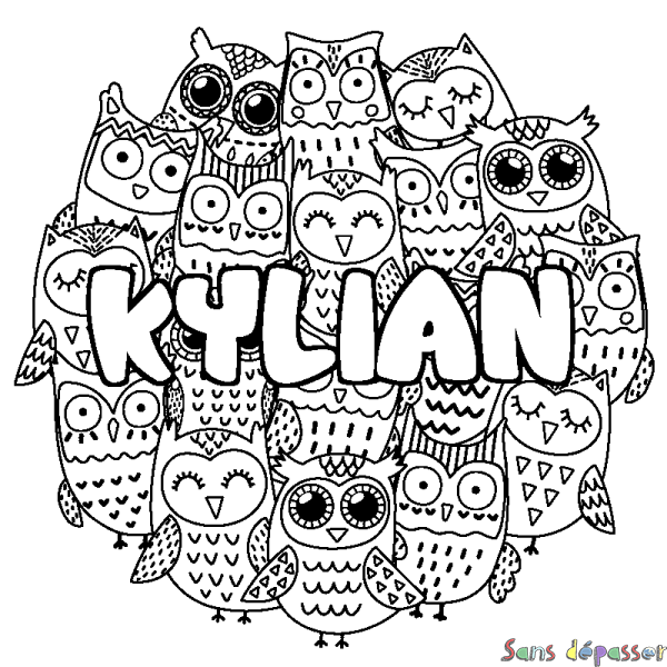 Coloriage pr&eacute;nom KYLIAN - d&eacute;cor Chouettes