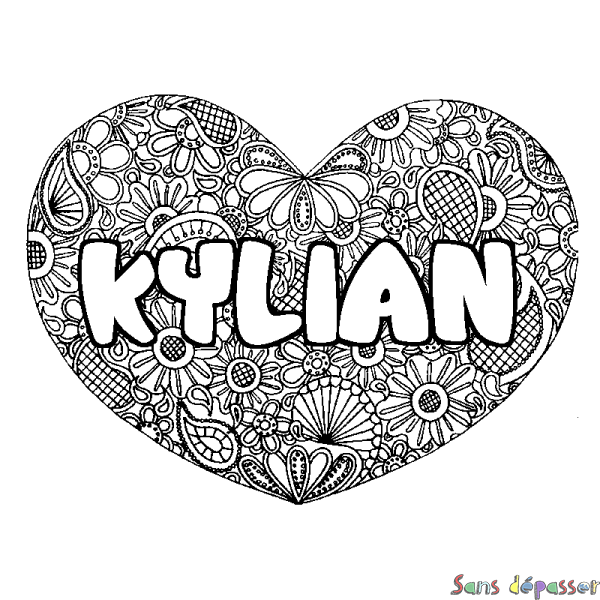 Coloriage pr&eacute;nom KYLIAN - d&eacute;cor Mandala coeur