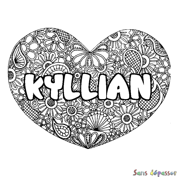 Coloriage pr&eacute;nom KYLLIAN - d&eacute;cor Mandala coeur