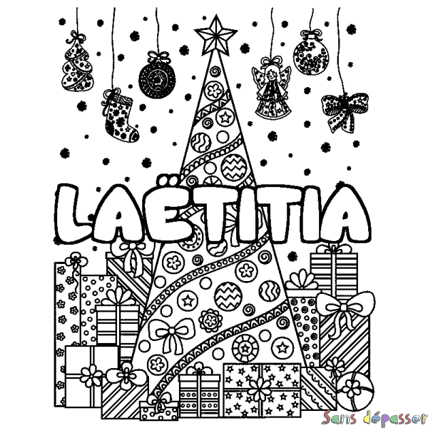 Coloriage pr&eacute;nom LA&Euml;TITIA - d&eacute;cor Sapin et Cadeaux
