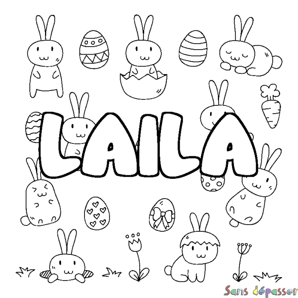 Coloriage pr&eacute;nom LAILA - d&eacute;cor Paques