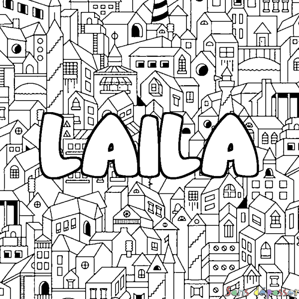 Coloriage pr&eacute;nom LAILA - d&eacute;cor Ville