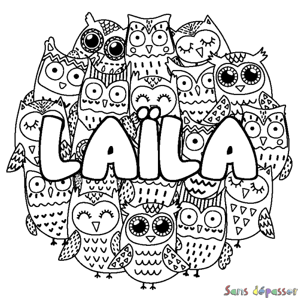 Coloriage pr&eacute;nom LA&Iuml;LA - d&eacute;cor Chouettes