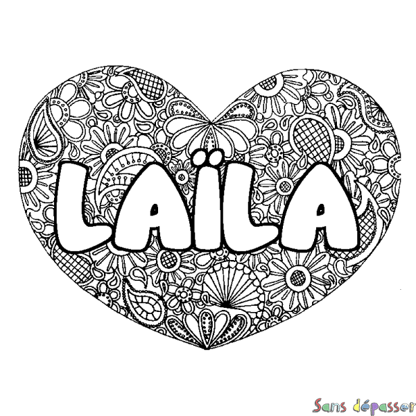 Coloriage pr&eacute;nom LA&Iuml;LA - d&eacute;cor Mandala coeur