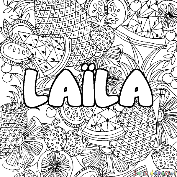 Coloriage pr&eacute;nom LA&Iuml;LA - d&eacute;cor Mandala fruits