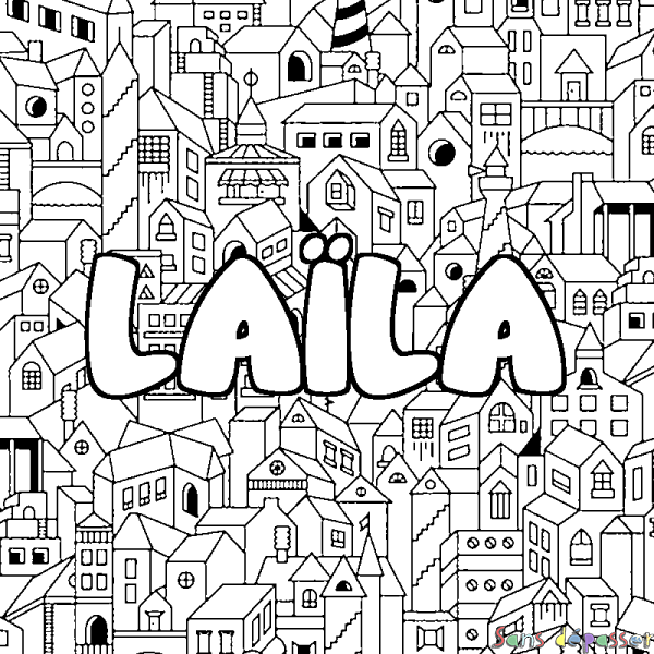 Coloriage pr&eacute;nom LA&Iuml;LA - d&eacute;cor Ville