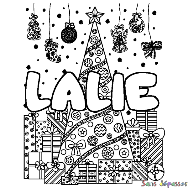 Coloriage pr&eacute;nom LALIE - d&eacute;cor Sapin et Cadeaux