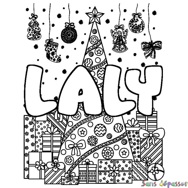 Coloriage prénom LALY - d&eacute;cor Sapin et Cadeaux