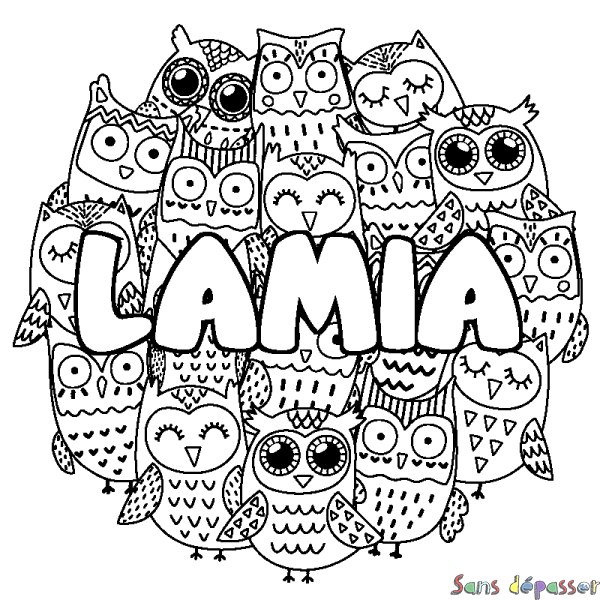 Coloriage pr&eacute;nom LAMIA - d&eacute;cor Chouettes