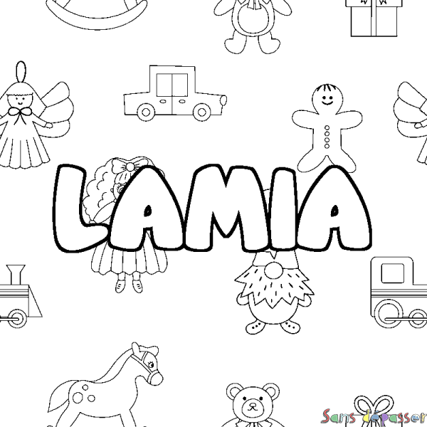 Coloriage pr&eacute;nom LAMIA - d&eacute;cor Jouets
