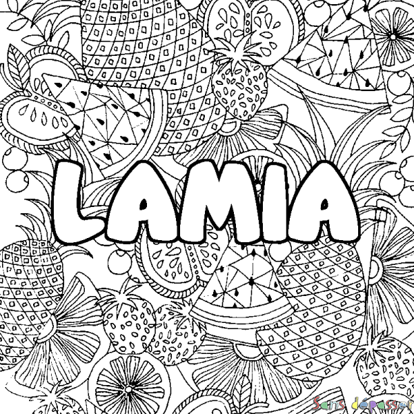Coloriage pr&eacute;nom LAMIA - d&eacute;cor Mandala fruits