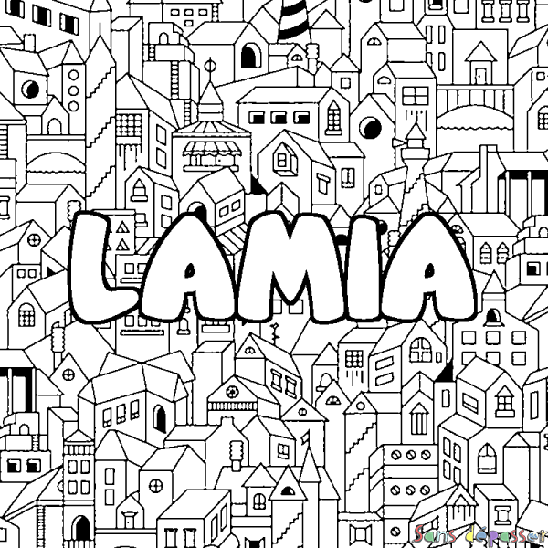 Coloriage prénom LAMIA - d&eacute;cor Ville