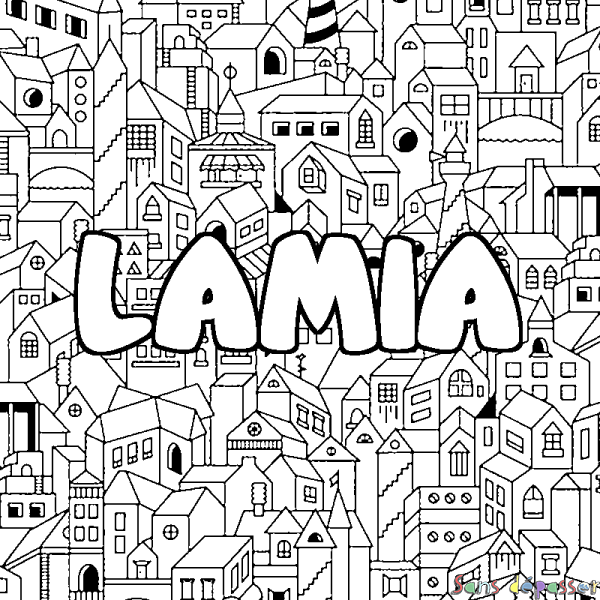 Coloriage pr&eacute;nom LAMIA - d&eacute;cor Ville