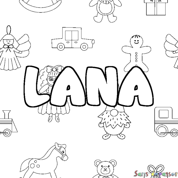 Coloriage pr&eacute;nom LANA - d&eacute;cor Jouets