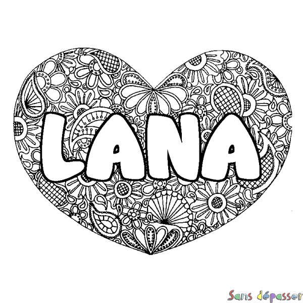 Coloriage pr&eacute;nom LANA - d&eacute;cor Mandala coeur