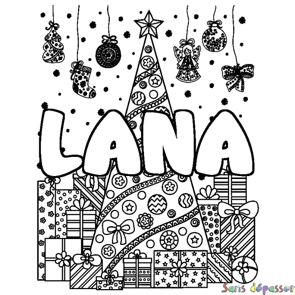 Coloriage pr&eacute;nom LANA - d&eacute;cor Sapin et Cadeaux