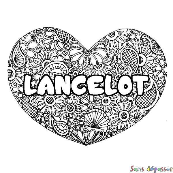 Coloriage pr&eacute;nom LANCELOT - d&eacute;cor Mandala coeur