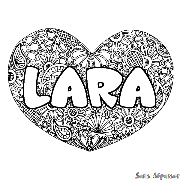 Coloriage pr&eacute;nom LARA - d&eacute;cor Mandala coeur