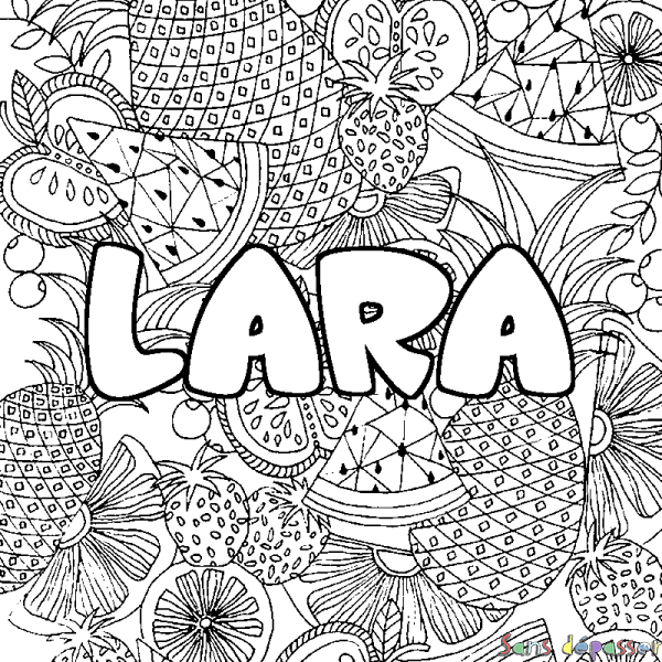 Coloriage pr&eacute;nom LARA - d&eacute;cor Mandala fruits
