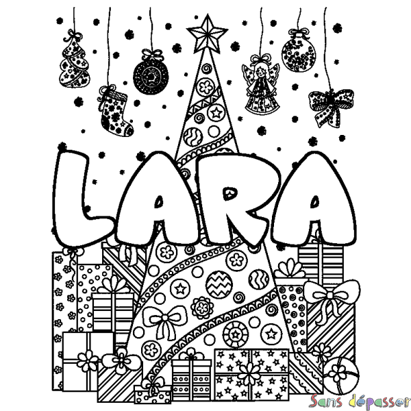 Coloriage pr&eacute;nom LARA - d&eacute;cor Sapin et Cadeaux